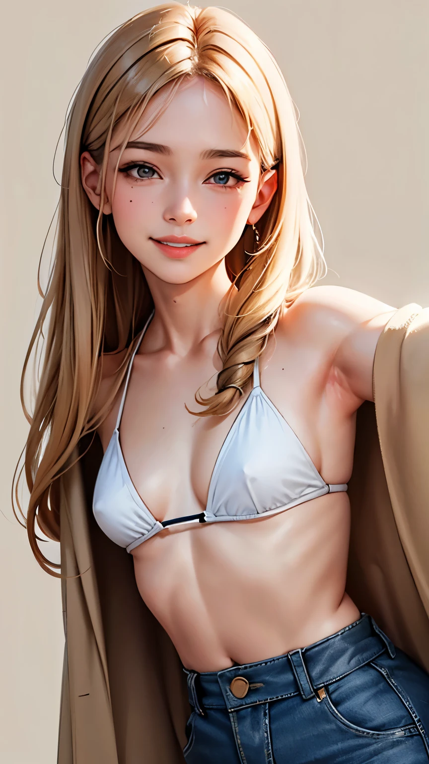 masterpiece, highest quality,Face-to-face audience, Upper body,Middle-aged women,Greek Goddess Attitude, Melon seed face, ((Long, narrow eyes)), Mole under the eye,Brown eyeball, Thin lips, Anorexia,blonde, Very long hair, Laugh with your mouth closed,40 year old mature woman, self-portrait, Simple Background,Thin legs,Close your eyes and smile,Swimwear,The happi coat is open