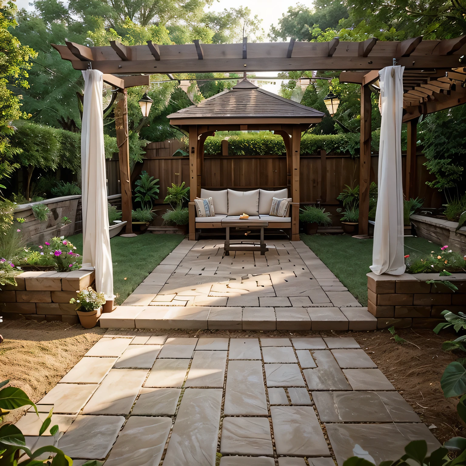A lush garden and backyard with various elements such as Patio, Deck, Gazebo, Arbor, Pergola, and more. Comfortable Seating Area