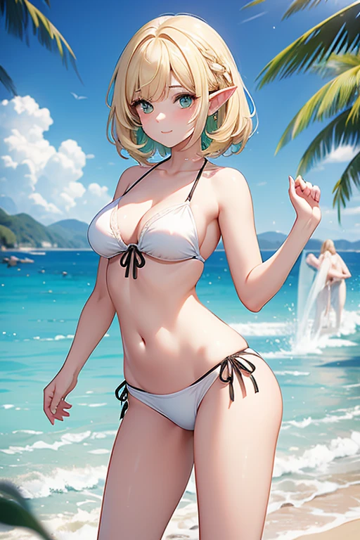 1 chica adulta con orejas de elfo,de pelo corto rubia,de ojos verdes,voluptuosa con curvas sensuales,vistiendo un bikini blanco,piel mojada,chica sexy,playa