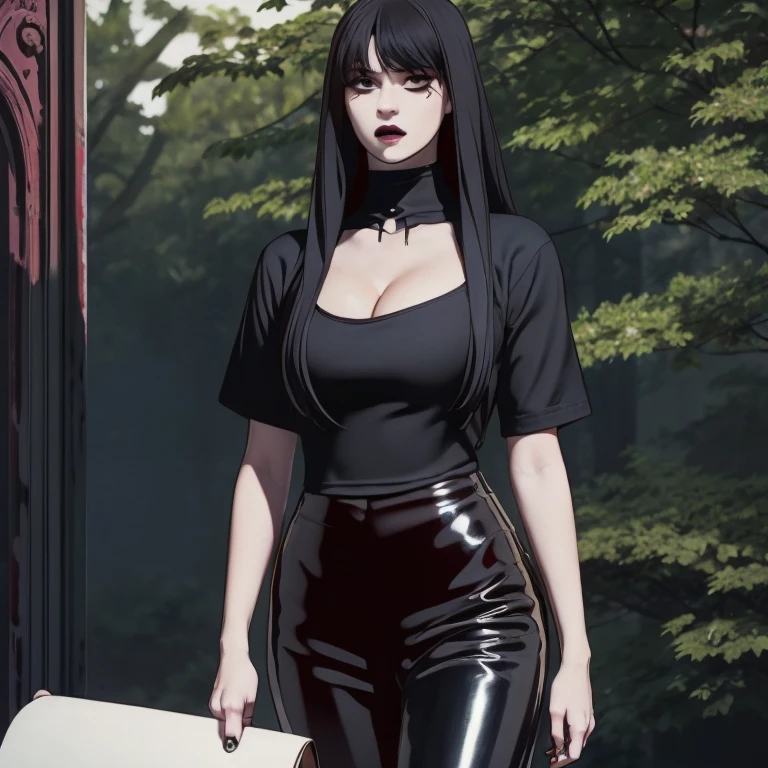 Manhwa goth girl, manhwa aesthetic, Looking at the audience, Light brown eyes:1.4, goth girl, Brunette long Bob Hair with highly detailed shiny hair, bright red clothes:1.4, Lepangas:1.4), illuminated skin (realistic texture), realistic shading, bright red eyes、{Huge|big chest|Huge|Mega} whole :2, Chest cleavage:2、(((Add highlights to the eyes:1.4、charming look 、Short Bob Hair、Glowing Skin:1.4、Looking at the audience、She is very beautiful and cute、Beautiful long neck, (cotton) black gothic shirt, latex tight pants, (converse) black sneakers, Ideal body type, (painted gothic Background:2、gothic garden background:2))、Beautiful long neck:1.4、(({Huge|big|Huge|Mega} chest, Chest cleavage:2、perfect Bodyは服を着ていない:1.6)),Perfect Anatomy, blade to side, strike pose, blade down, blade right hand, blurred background (masterpiece), best quality, high quality, highres, ultra-detailed), different poses at different angles.