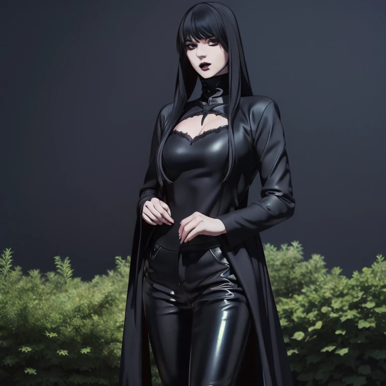 Manhwa goth girl, manhwa aesthetic, Looking at the audience, Light brown eyes:1.4, goth girl, Brunette long Bob Hair with highly detailed shiny hair, bright red clothes:1.4, Lepangas:1.4), illuminated skin (realistic texture), realistic shading, bright red eyes、{Huge|big chest|Huge|Mega} whole :2, Chest cleavage:2、(((Add highlights to the eyes:1.4、charming look 、Short Bob Hair、Glowing Skin:1.4、Looking at the audience、She is very beautiful and cute、Beautiful long neck, (cotton) black gothic shirt, latex tight pants, (converse) black sneakers, Ideal body type, (painted gothic Background:2、gothic garden background:2))、Beautiful long neck:1.4、(({Huge|big|Huge|Mega} chest, Chest cleavage:2、perfect Bodyは服を着ていない:1.6)),Perfect Anatomy, blade to side, strike pose, blade down, blade right hand, blurred background  (masterpiece), best quality, high quality, highres, ultra-detailed), different poses at different angles. 