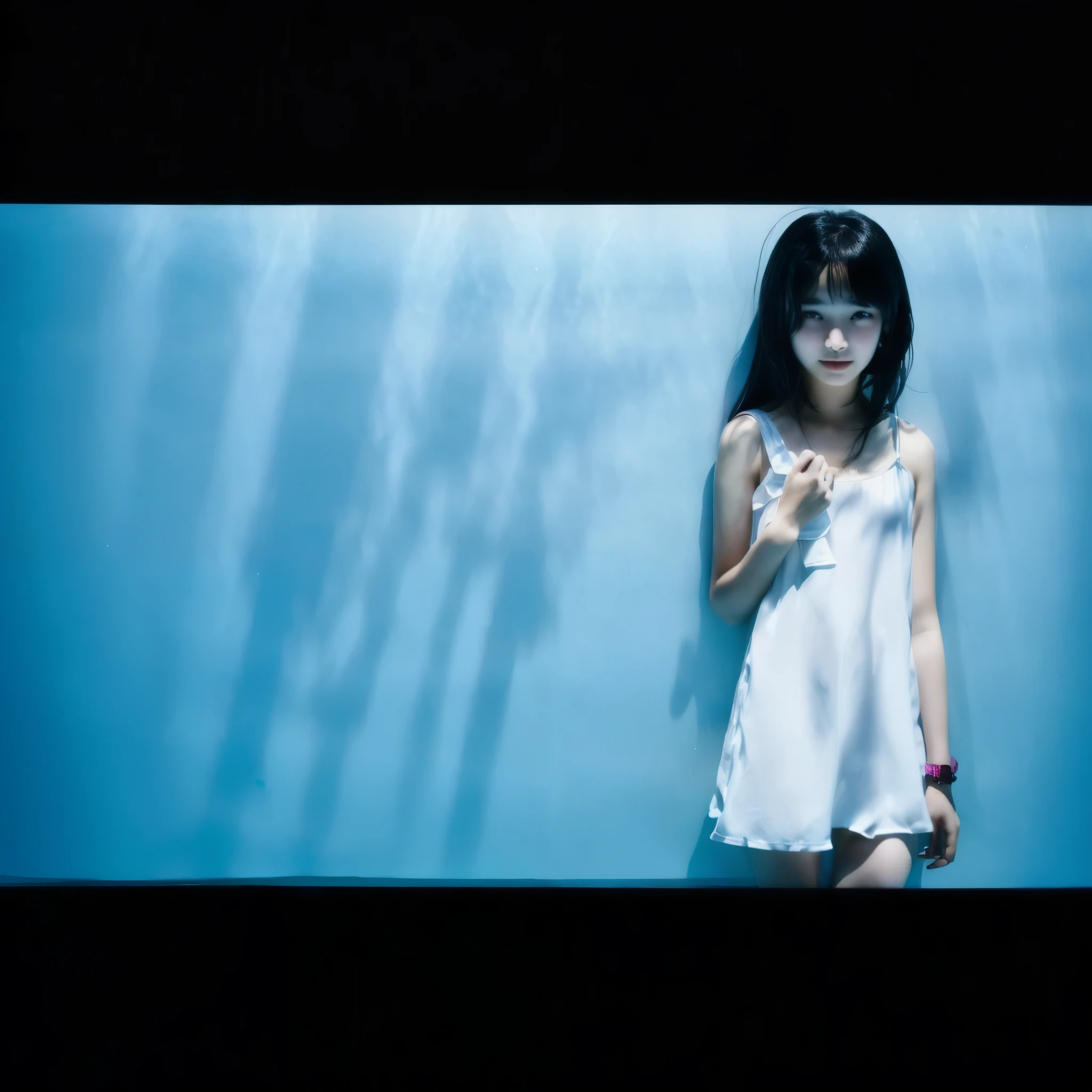 There is a young girl standing against a wall with a mobile phone, Putting your right hand on your chest。The walls have ripples reflected from the pool water.。Light effects。She is wearing a white slip、Japanese black hair、14-year-old female。Summer Light。