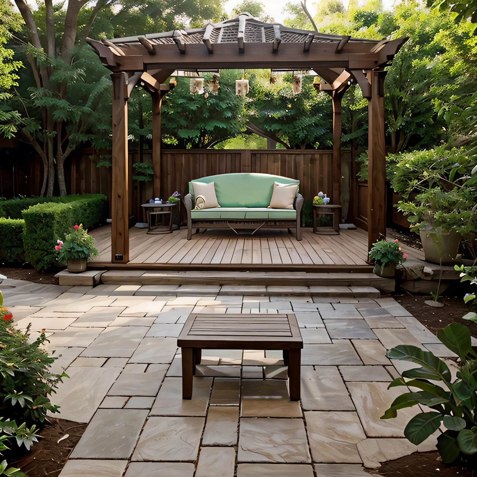 A lush garden and backyard with various elements such as Patio, Deck, Gazebo, Arbor, Pergola, and more. Comfortable Seating Area