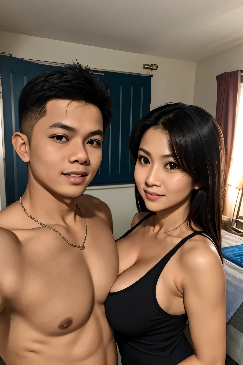 Gorgeous matured 45 years old malay step mom selfie with her 18 years old malay step son, she just wear tank top and tight short,lighting effect, romantic, room, big breast mom, upper body, mom and son scandle, incest, sweet couple, cheating, 