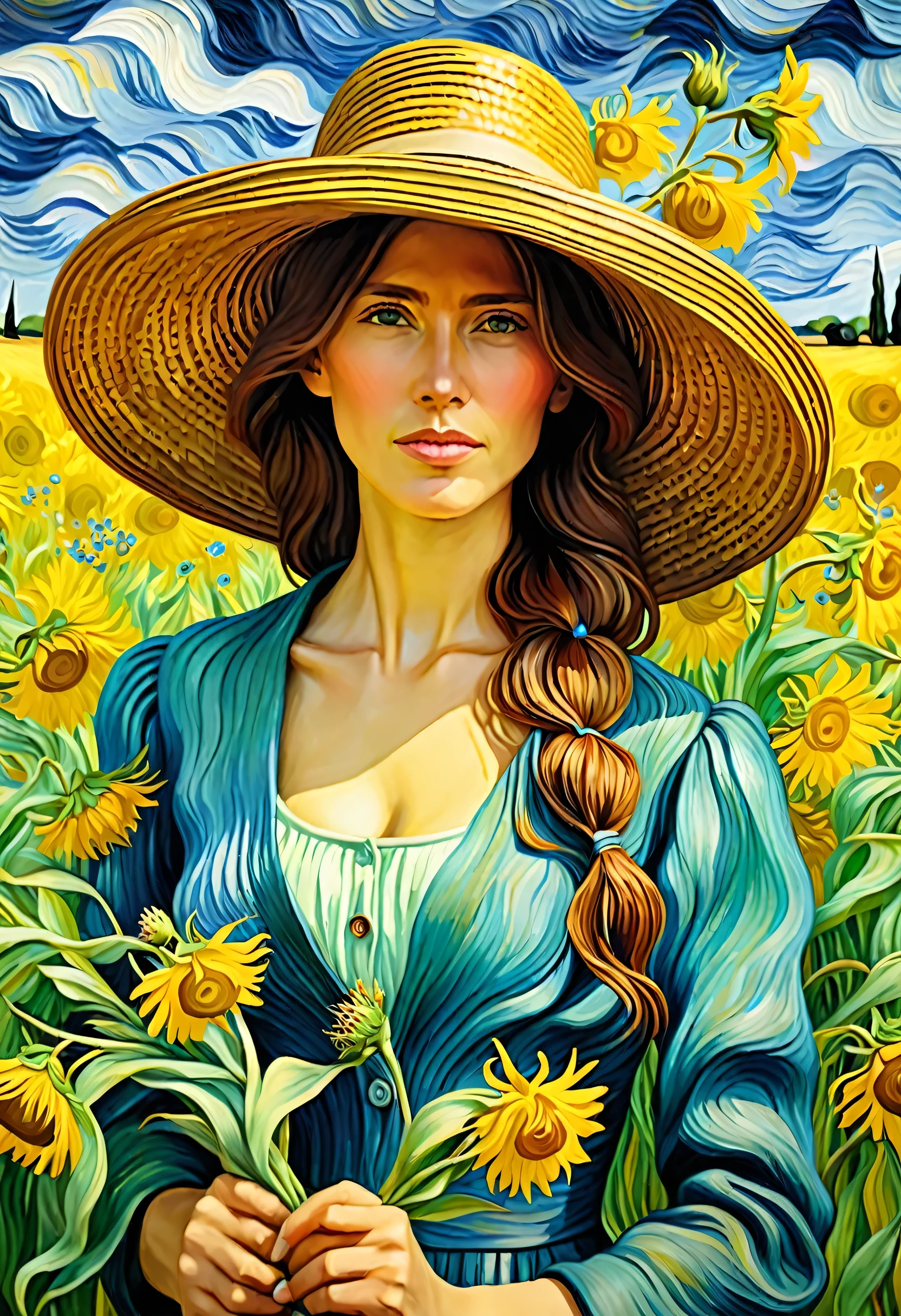 estilo van gogh, pintura, mulher colhendo flores no campo, with hat