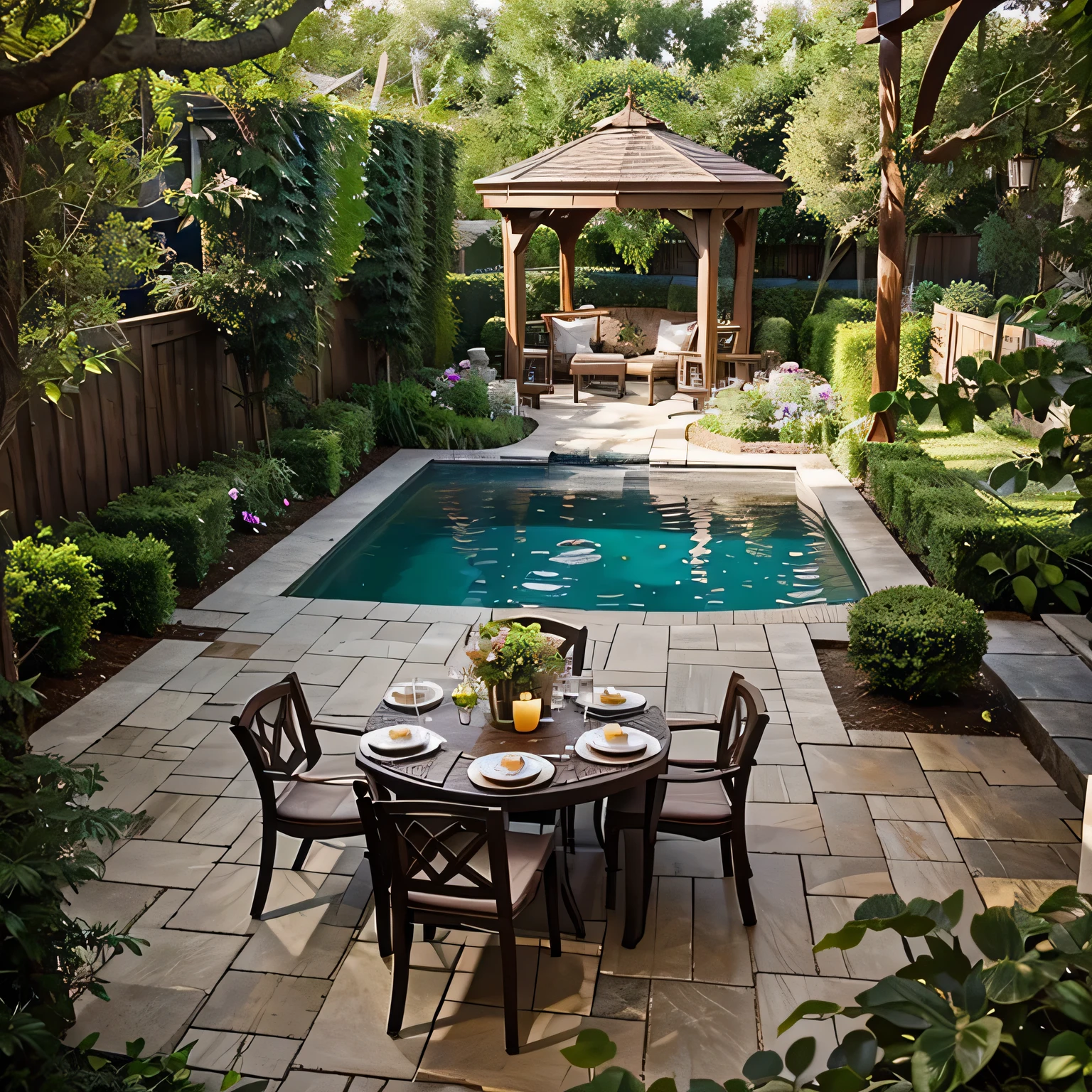 A lush garden and backyard with various elements such as Patio, Deck, Gazebo, Arbor, Pergola, and more. Comfortable Seating Area