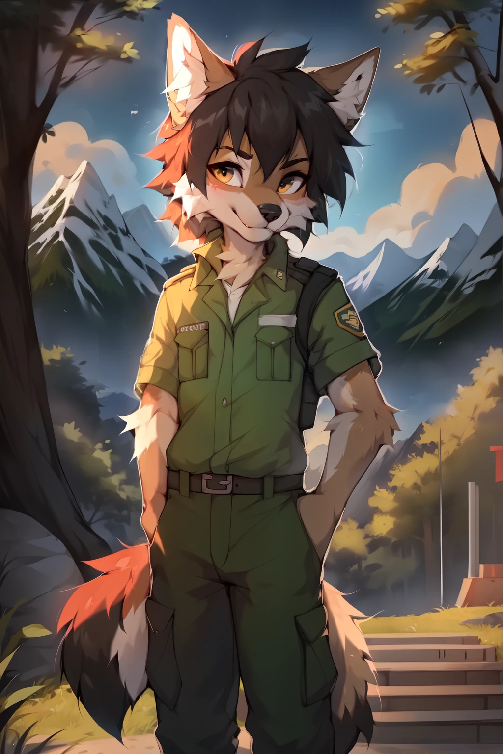 solo,full body,Male,coyote,park ranger,trousers,outdoor,park ranger green tie,((Campaign Cover)),Evergreen pine forest and mountains national park in the background,park ranger jeep,Environmental protection area, ((by keihound, by reysi)), by Zackary911, by hyattlen, by fumiko, by fluff-kevlar, Furry, Anthro,