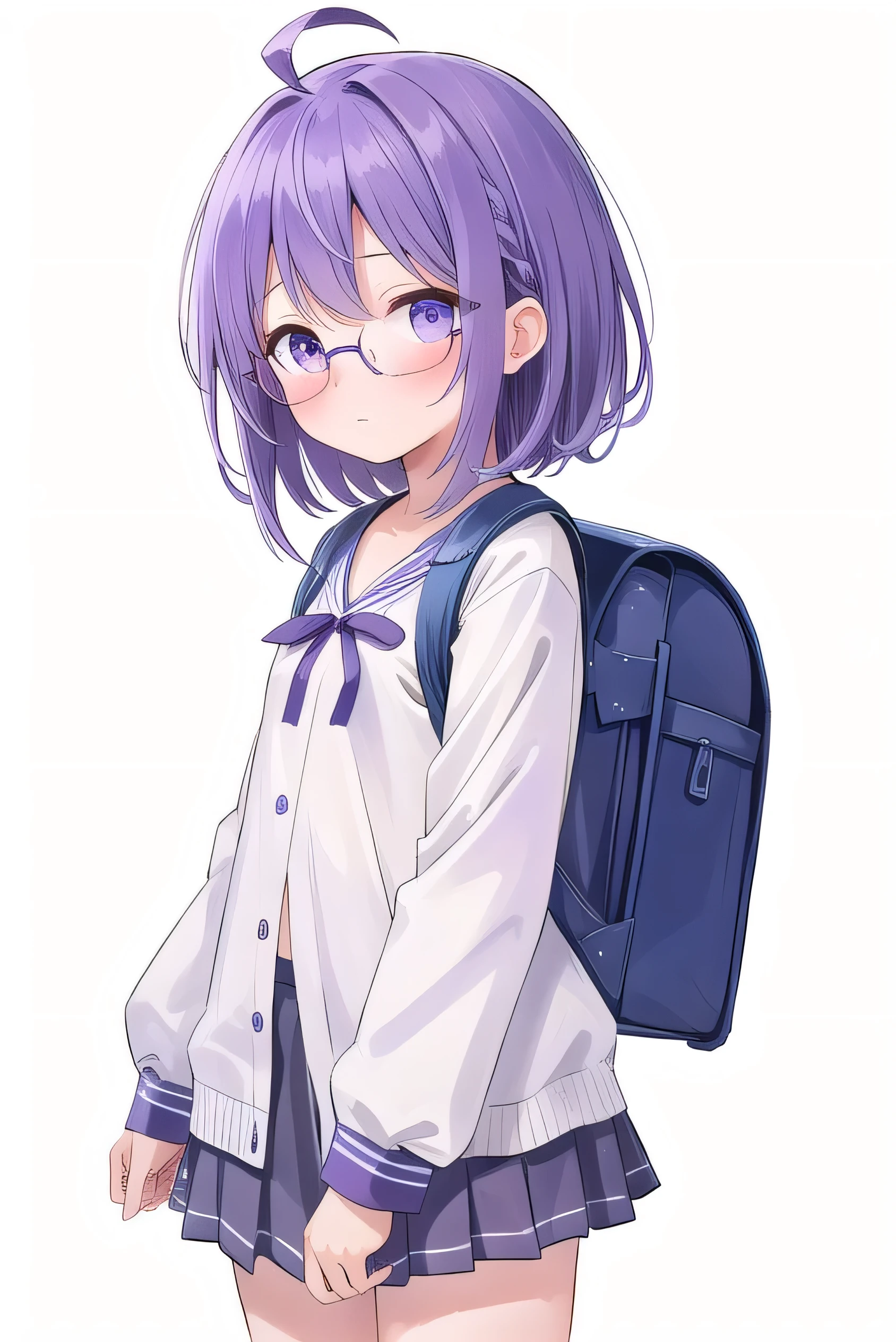 (Purple hair:1.4), gray eyes, white , navy blue miniskirt, , short, short long hair, kind expression, shy, backpack, almost no breasts, slightly exposed. hair,(flipped hair ), flipped hair, long sleeves, ahoge, girl alone, flipped hair, flipped hair, flipped hair, flipped hair, glasses with no edges, embarrassed, flat chest