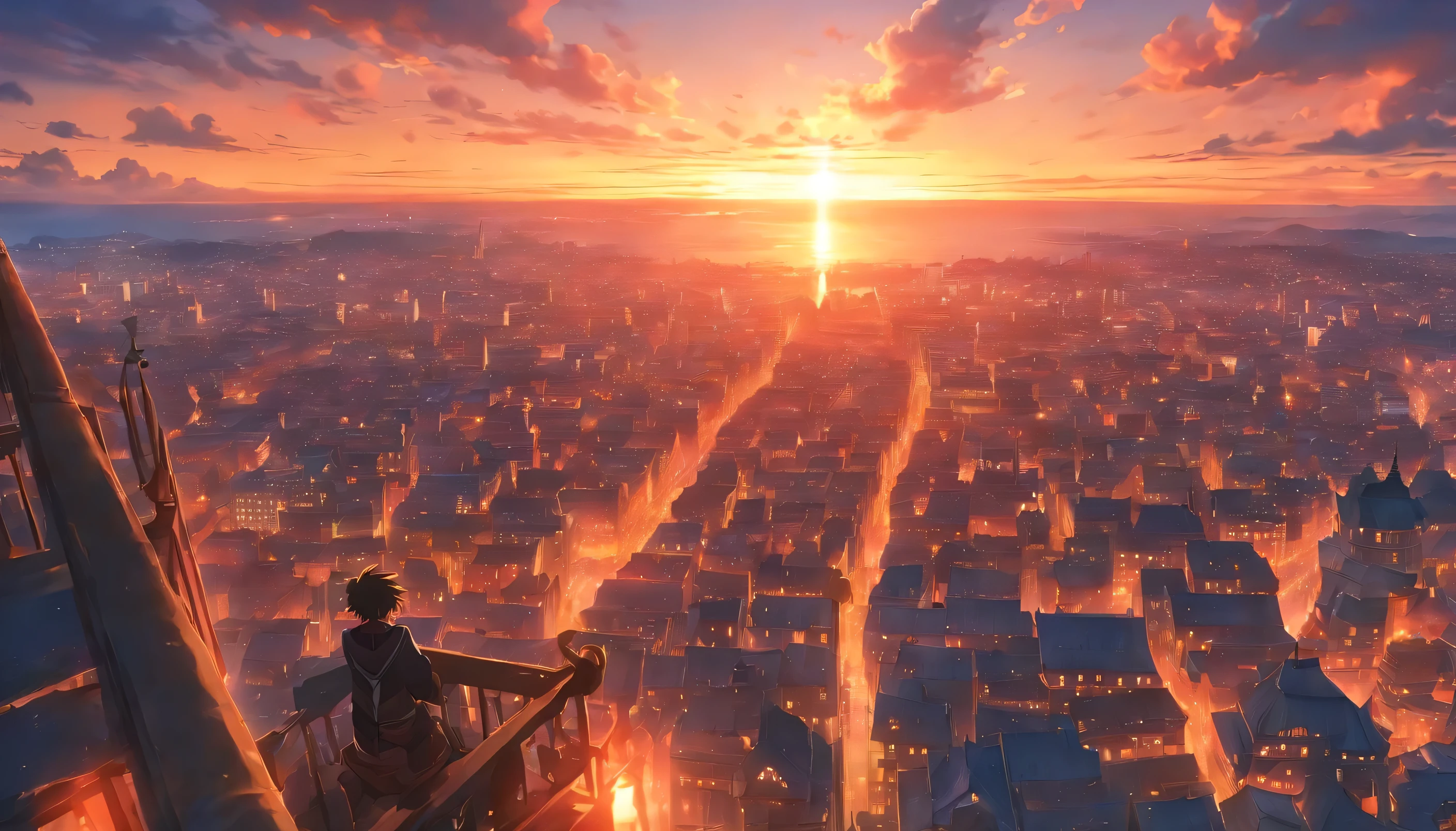 Looking down from the top of the tower,sunset,European-style cityscape,