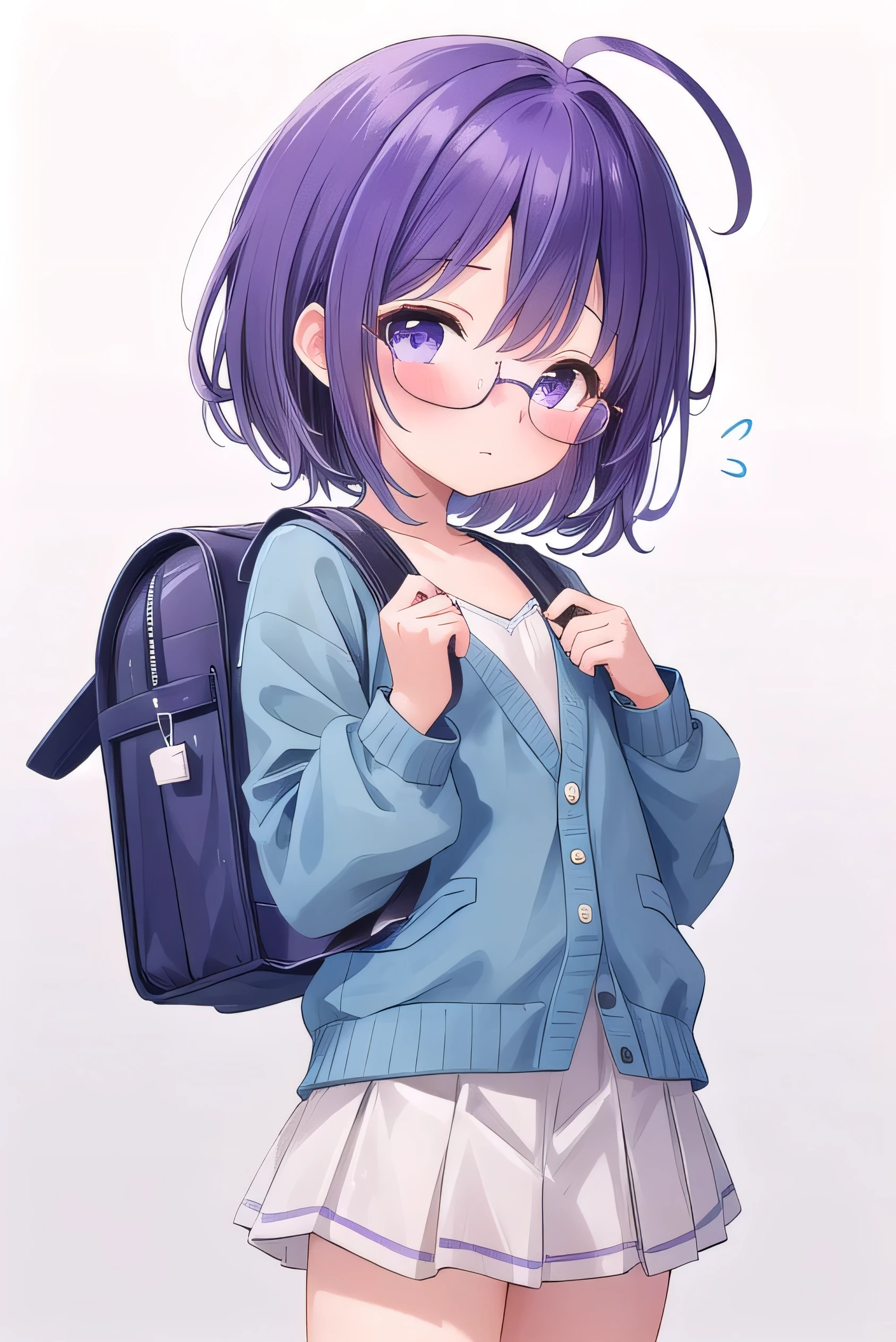 (Purple hair:1.4), gray eyes, white , navy blue miniskirt, 11 years old, short, short long hair, kind expression, shy, backpack, almost no breasts, slightly exposed. hair,(flipped hair ), flipped hair, long sleeves, ahoge, girl alone, flipped hair, flipped hair, flipped hair, flipped hair, glasses with no edges, embarrassed, flat chest
