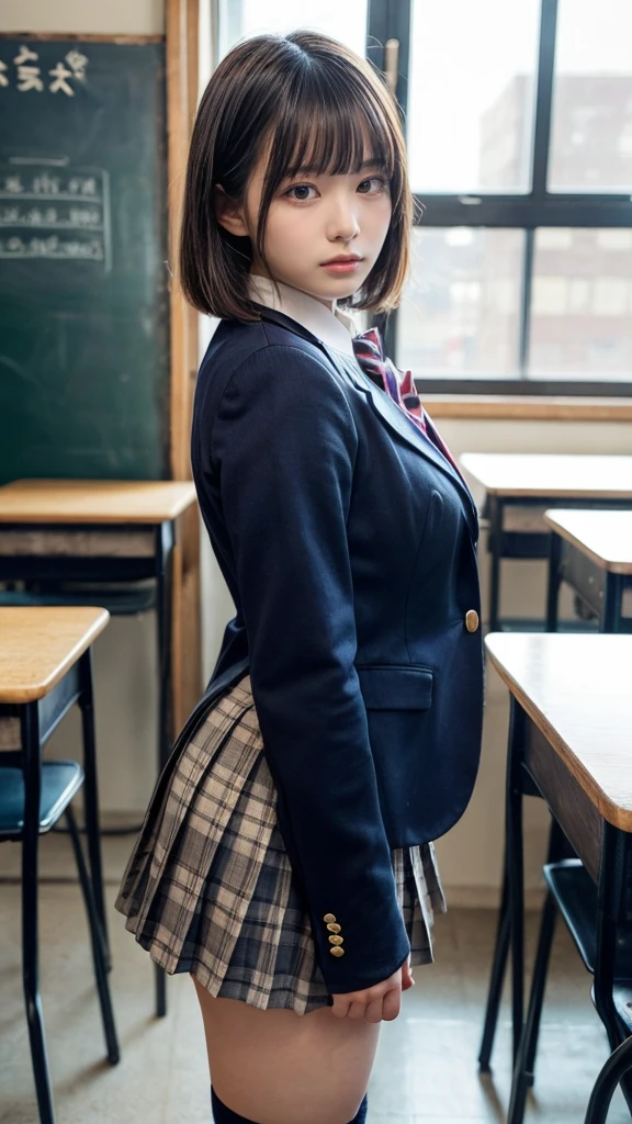 masterpiece, Highest quality, figure, Very detailed, Fine details, High resolution, 8k,wallpaper, Perfect dynamic composition,(Detailed high quality, Realistic depiction of eyes:1.3), From the side, High school classroom、 uniform、blazer 、Super Short Check Uniform Skirt、Navy blue knee-high socks、garter belt、huge 、Disheveled uniform,  Short Bob Hair, Black hair color, hugeな胸, Big Natural Color Lip, Bold sexy pose, Perfect figure, Crying a little、Cold Stare, Harajuku Style、-yeld giCute type, Beautiful feet, Gravure idol pose