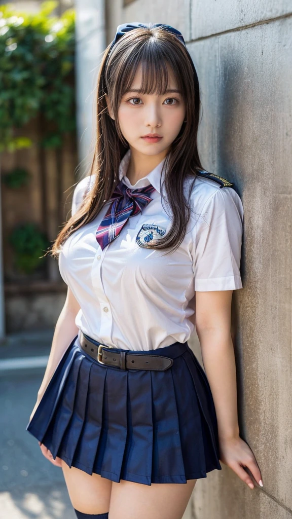 muste piece, best quality, illustration, Super detailed, fine details, High resolution, 8K,wall paper, perfect dynamic composition,(Details High quality, realistic depiction of eyes:1.3), from side, High School Classroom、High school girl uniform、blazer 、Super Short Check Uniform Skirt、Navy blue high socks、garterbelts、Colossal tits、Disturbed uniform, short bob hair, black hair color, large breasts, Big Natural Color Lip, bold sexy pose, (perfect body shape), crying a little、cold gaze, Harajuku style、20 year old girl、cute type, beautiful legs, hposing Gravure Idol, Voluptuous thighs