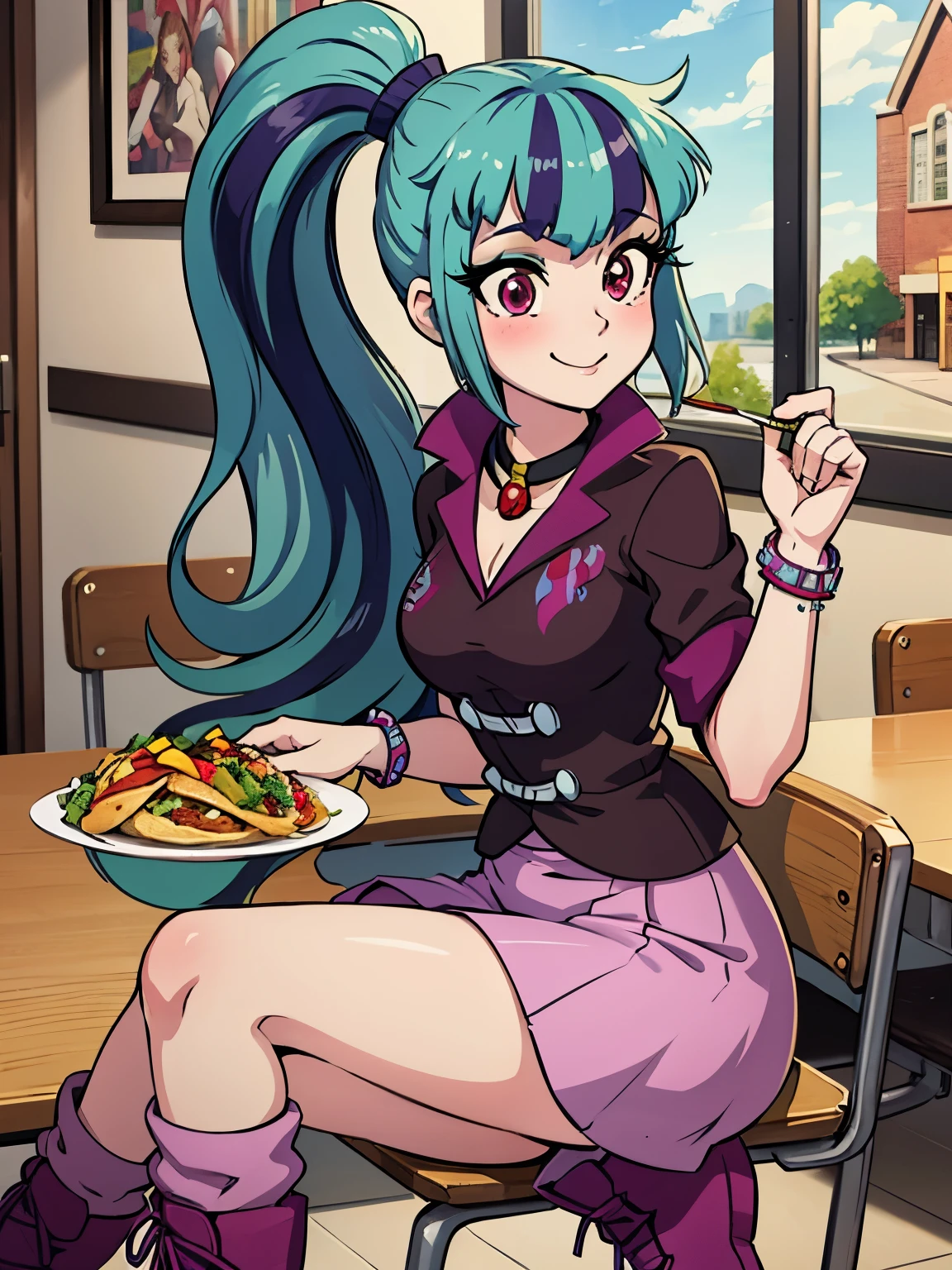 medium breasts,at a high school cafeteria ,watercolor \(medium\),masterpiece,HDR,intricate details,(anime painting:1.1),multicolored hair,mlpsonata,,ponytail,jacket,skirt,boots,jewelry,bracelet,lunch table,(blush:0.7), tacos, gentle smile