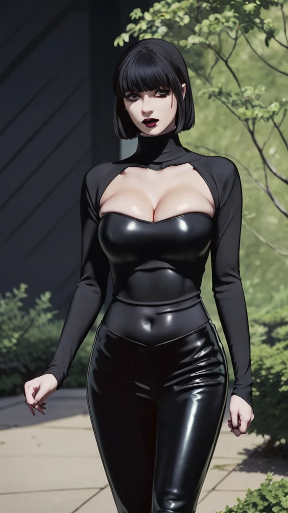 Manhwa goth girl, manhwa aesthetic, Looking at the audience, Light brown eyes:1.4, goth girl, Brunette long Bob Hair with highly detailed shiny hair, bright red clothes:1.4, Lepangas:1.4), illuminated skin (realistic texture), realistic shading, bright red eyes、{Huge|big chest|Huge|Mega} whole :2, Chest cleavage:2、(((Add highlights to the eyes:1.4、charming look 、Short Bob Hair、Glowing Skin:1.4、Looking at the audience、She is very beautiful and cute、Beautiful long neck, (cotton) black gothic shirt, latex tight pants, (converse) black sneakers, Ideal body type, (painted gothic Background:2、gothic garden background:2))、Beautiful long neck:1.4、(({Huge|big|Huge|Mega} chest, Chest cleavage:2、perfect Bodyは服を着ていない:1.6)),Perfect Anatomy, blade to side, strike pose, blade down, blade right hand, blurred background (masterpiece), best quality, high quality, highres, ultra-detailed), different poses at different angles.