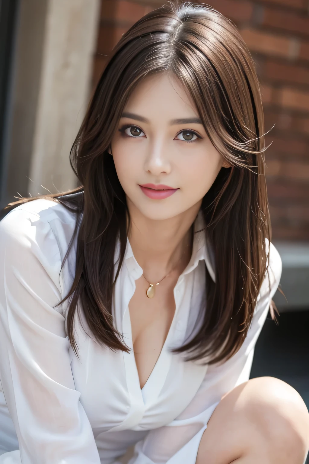 (RAW Photos), (Realistic), (masterpiece), (highest quality), High resolution, 8k, (Intricate details), (Volumetric Light), Portraiture, woman, Age 35, Medium Hair, Straight hair, Medium Chest, Accentuate your cleavage, Layered Hair, Brown Hair, Very beautiful eyes, Source order, Very thin eyebrows, Very fine skin, Very beautiful mouth, Very nice nose, Cute like an idol, smile, (Thick lips), (Looking at the audience), (White Collar Dress Shirt), Above the knee shot,