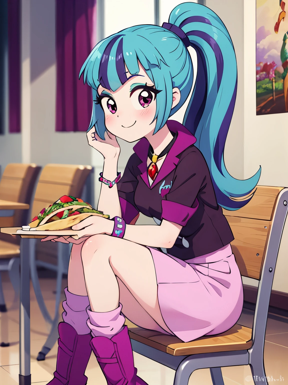 medium breasts,at a high school cafeteria ,watercolor \(medium\),masterpiece,HDR,intricate details,(anime painting:1.1),multicolored hair,mlpsonata,,ponytail,jacket,skirt,boots,jewelry,bracelet,lunch table,(blush:0.7), tacos, gentle smile