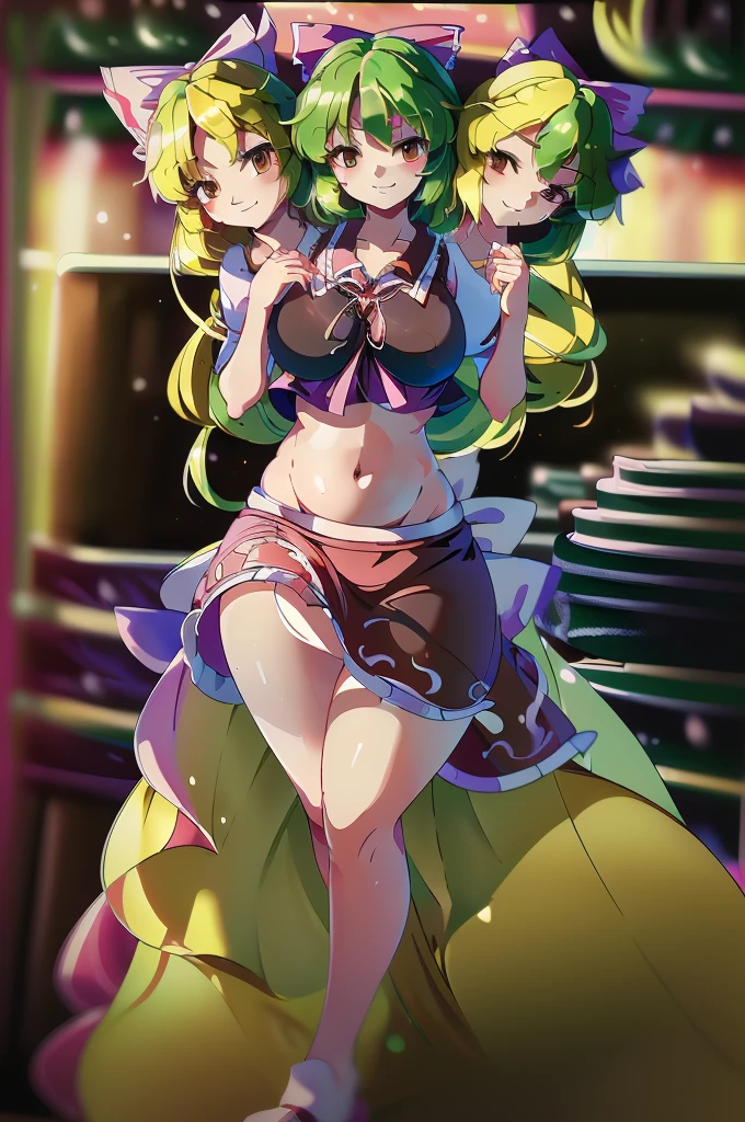 (masterpiece, best quality), best quality, best resolution, (ultra-detailed), (3heads:1.5), 1girl, (yuki (touhou):1.3), masterpiece, best quality, ultra quality, ultra resolution, ultra detail, dark red and pink top, crop top, ((stomach)), midriff, ((groin)), dark red and pink skirt, normal ears, shackles, blonde hair, very long hair, wavy hair, sidelocks, yellow eyes, parted lips, open belly, sweat, cute, toned belly, hand on own chest, eyelashes, (24 year old woman:1.3), (masterpiece:1.5), (best quality:1.5), (beautiful detailed), extremely detailed CG, extremely delicate and beautiful, depth of field, (finely detailed face), (perfect details:1.2), (mature female:1.3), wide pelvis, slender, large veiny breast, 16k resolution, highres, very high quality, very high definition, extremely detailed, masterpiece, best quality, blonde hair, long hair, alluring presence, braid, short skirt, close up, big tits, young, pink ribbon,