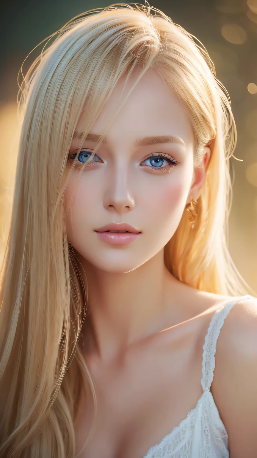 beautiful blonde woman, flowing golden hair, captivating blue eyes, delicate features,natural makeup, elegant attire, subtle blush, warm skin tones, ethereal lighting, soft shadows, high-resolution digital painting, realistic style, artistic interpretation
