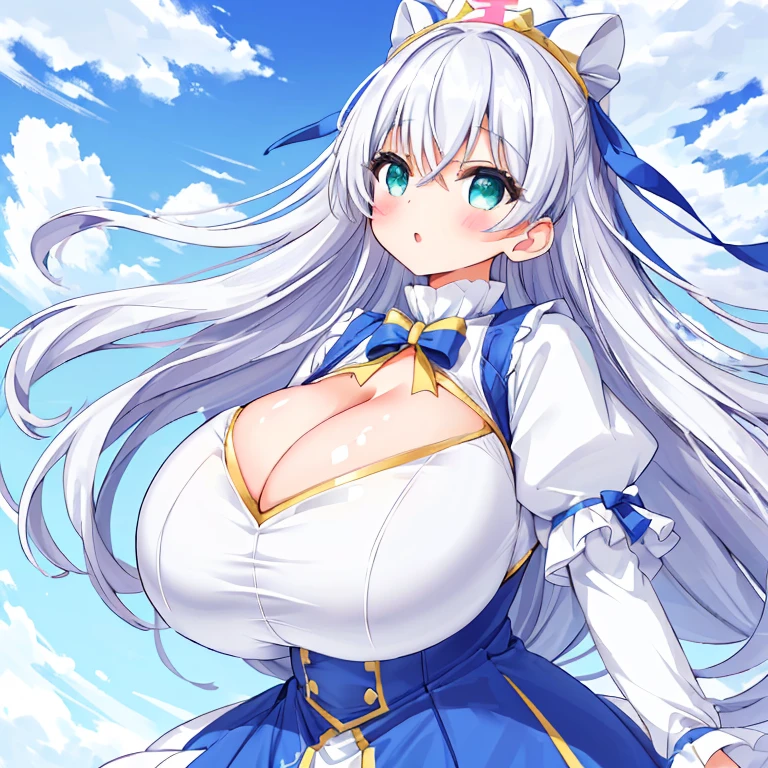 Beautiful Girl, (Biggest Breasts, Absurdly Enormous Breasts, Extremely Hyperinflated Breasts: 1.69), Insanely Thick thighs, Huge Cleavage,
