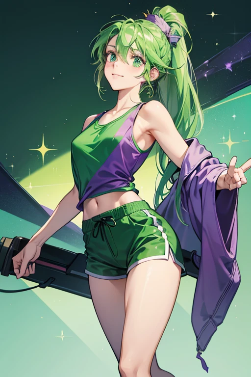 Emerald is a dwarf who has a long hair tied into a ponytail with shaved hair on top. She wears a green shirt under her purple tank top, a hat with goggles, green shorts, and long bootlegs. As Mysticon Knight, she wears a purple tank top with pants. SPARKLE; GLITTER