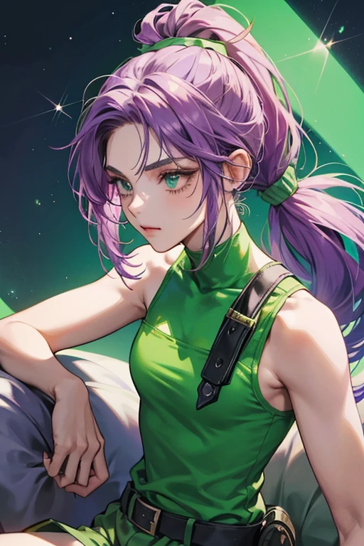 Emerald is a dwarf who has a long hair tied into a ponytail with shaved hair on top. She wears a green shirt under her purple tank top, a hat with goggles, green shorts, and long bootlegs. As Mysticon Knight, she wears a purple tank top with pants. SPARKLE; GLITTER