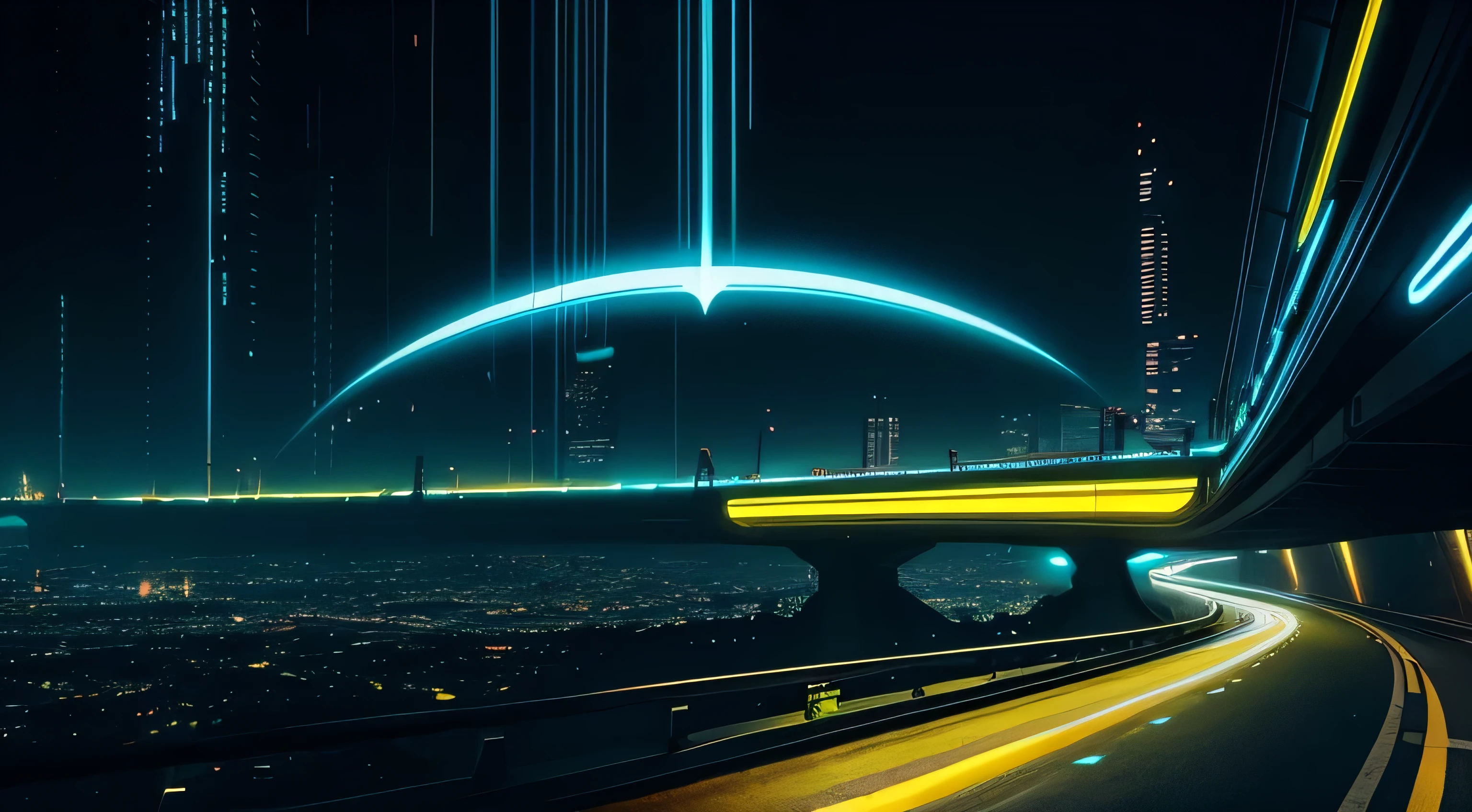 Camino estilo Tron cyberpunk con iluminacion amarilla vista desde el cielo