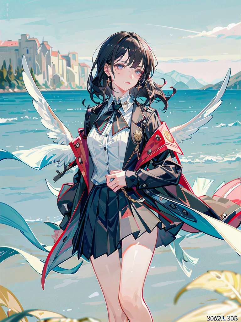 military uniform, absurdres, RAW photo, extremely delicate and beautiful, masterpiece, Best Quality, ultra high resolution, 32k, hyperrealistic, ultra-detailed, detailed description, pale skin, 20 years old, tearful mole, earring, Colossal tits, short medium hair, wavy hair, pleated skirt,