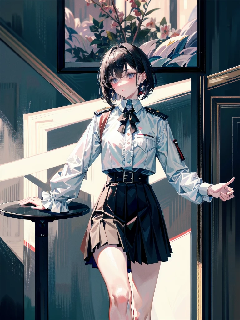 military uniform, absurdres, RAW photo, extremely delicate and beautiful, masterpiece, Best Quality, ultra high resolution, 32k, hyperrealistic, ultra-detailed, detailed description, pale skin, 20 years old, tearful mole, earring, Colossal tits, short medium hair, wavy hair, pleated skirt,