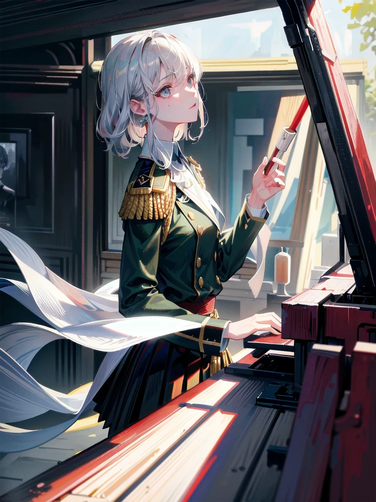 military uniform, absurdres, RAW photo, extremely delicate and beautiful, masterpiece, Best Quality, ultra high resolution, 32k, hyperrealistic, ultra-detailed, detailed description, pale skin, 20 years old, tearful mole, earring, Colossal tits, short medium hair, wavy hair, pleated skirt,