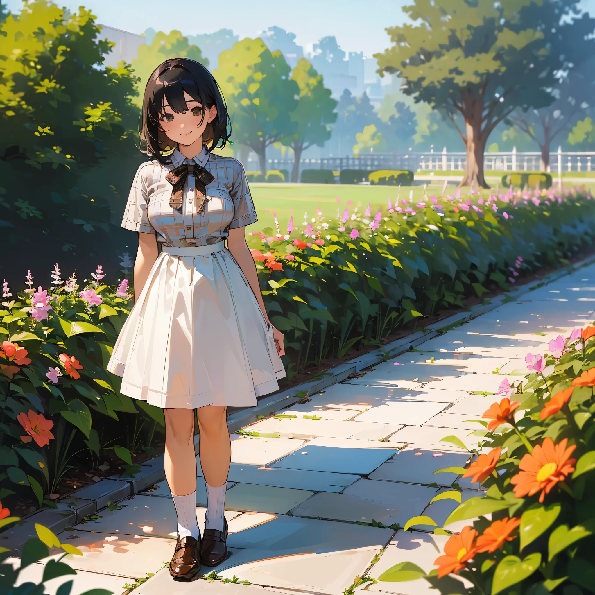 (high quality, High resolution, Very detailed, reality:1.37), Peaceful atmosphere, (Outdoor, garden), Teenage girl standing alone, (my breasts are big.), Beautiful details, Cute Smile, (Black bob hair), Short sleeve ribbed sweater, burberry check skirt, White socks, Brown leather shoes.