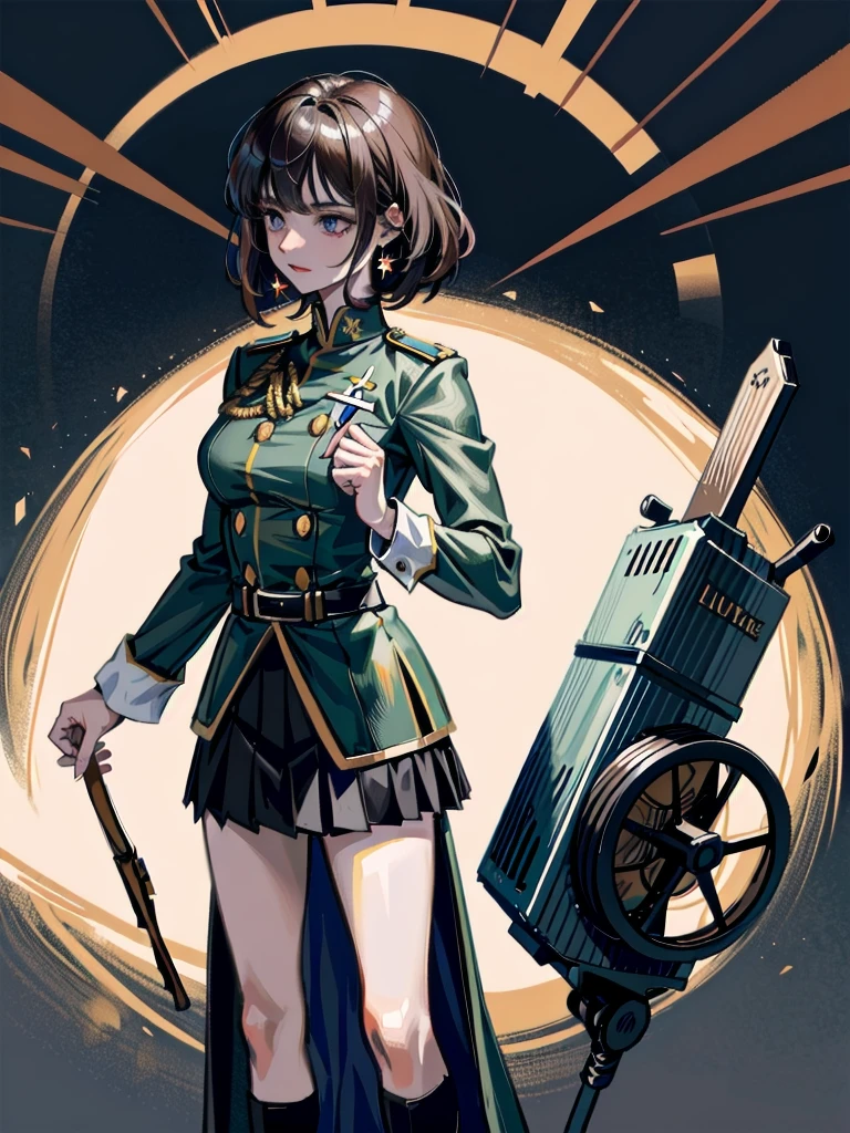 military uniform, absurdres, RAW photo, extremely delicate and beautiful, masterpiece, Best Quality, ultra high resolution, 32k, hyperrealistic, ultra-detailed, detailed description, pale skin, 20 years old, tearful mole, earring, Colossal tits, short medium hair, wavy hair, pleated skirt,