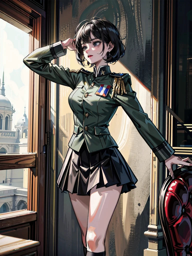 military uniform, absurdres, RAW photo, extremely delicate and beautiful, masterpiece, Best Quality, ultra high resolution, 32k, hyperrealistic, ultra-detailed, detailed description, pale skin, 20 years old, tearful mole, earring, Colossal tits, short medium hair, wavy hair, pleated skirt,