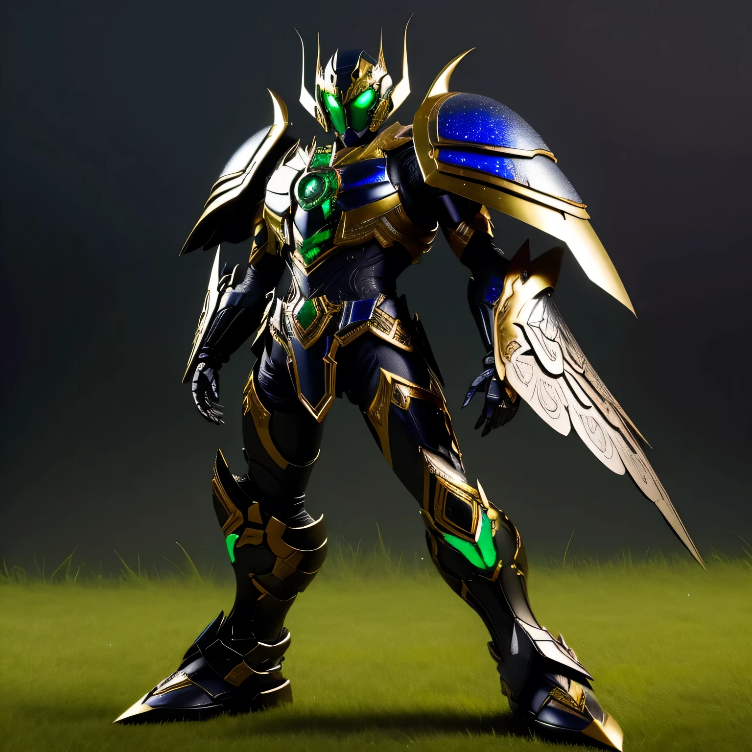 best quality)), ((masterpiece)), (detailed), perfect face, Emerald and Lapis, Beetle Kamen Rider, Grassy background, Single person, Sleek Beetle Armor, Full Body, Beetle Base, Kamen Rider, 1 male, Carapace Armor