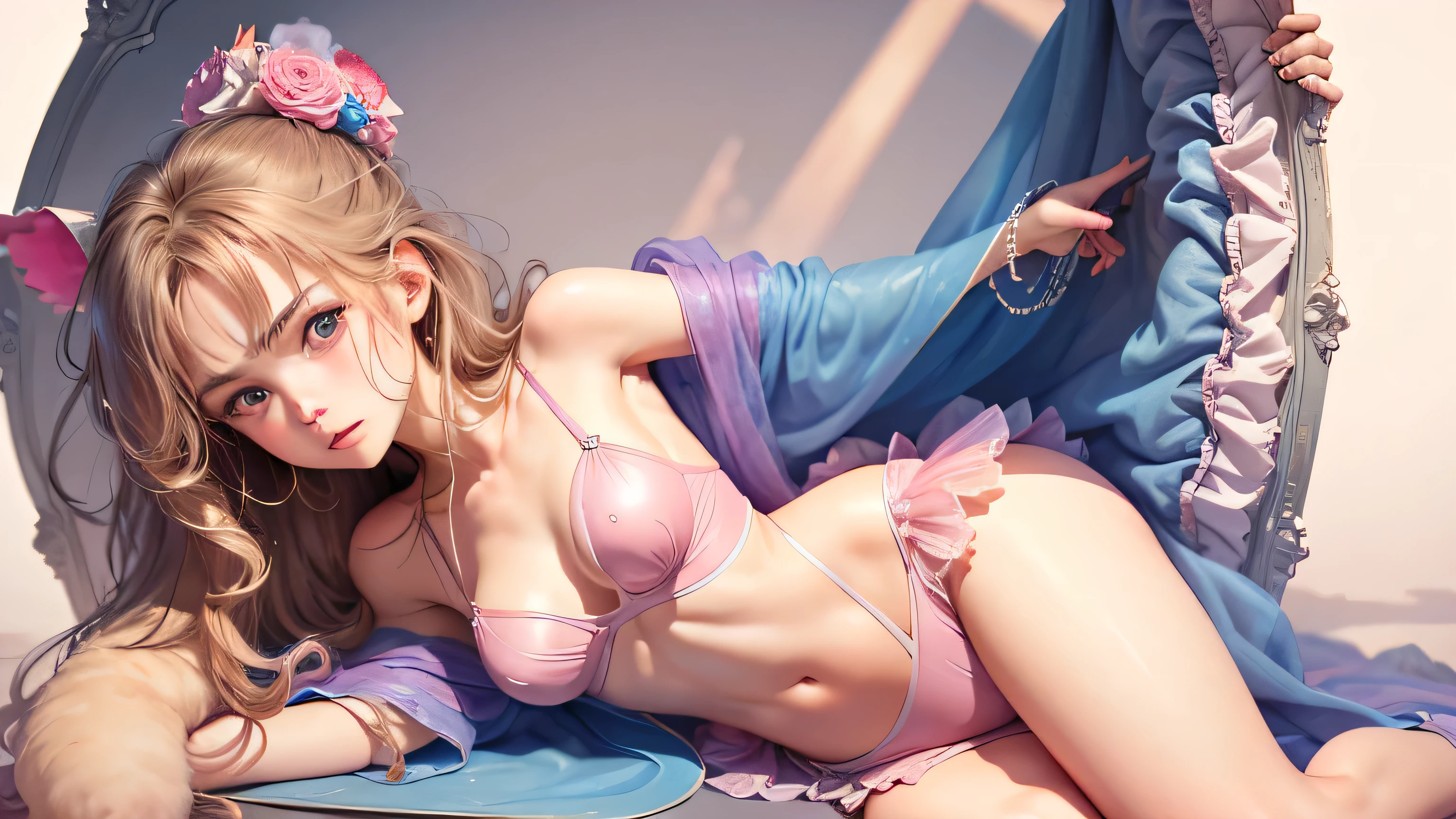 (Pieces fly),(highest quality:1.1),(Very detailed),Best illustrations,The finer details,(Portraits:1.1),(Watercolor)fluffy,1 female,alone,,Small breasts,Anorexic Thin Thighs,slim,(Very delicate and beautiful face),(Beautiful eyes in every detail),Pink thick lips,(Messy Hair),Soft and lazy,(Simple Background:1.2)Overall background color,Transparent parts,In 4K,Full Shot,Thin legs,Pink High Heels,See-through gown,Swimwear,The happi coat is open