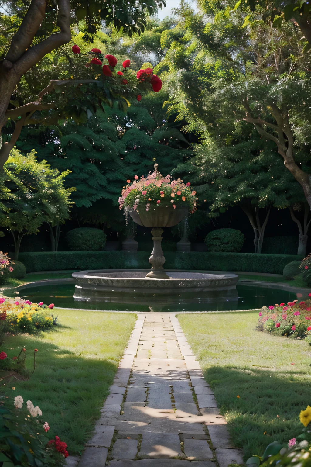 a very beautiful and large garden that is in full bloom with red, yellow and pink roses, com um pequeno lago no canto, uma pequena casa de madeira bem bonita casa de bosque arrumadinha