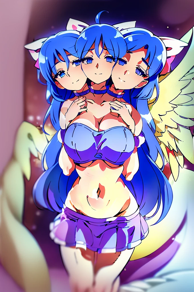 (masterpiece, best quality), best quality, (ultra-detailed), (3heads:1.5), 1girl, (mai:1.3), masterpiece, best quality, ultra quality, ultra resolution, ultra detail, light pink top, crop top, ((stomach)), midriff, ((groin)), light pink skirt, normal ears, shackles, blue hair, very long hair, wavy hair, pigtails, light-blue eyes, parted lips, detailed eyes, sweat, cute, toned belly, hand on own chest, eyelashes, (24 year old woman:1.3), (masterpiece:1.5), (best quality:1.5), (beautiful detailed), extremely detailed CG, extremely delicate and beautiful, depth of field, (finely detailed face), (perfect details:1.2), (mature female:1.3), wide pelvis, slender, large veiny breast, 16k resolution, highres, very high quality, very high definition, extremely detailed, masterpiece, blue hair, long hair, alluring presence, braid, short skirt, close up, big tits, young, light pink bow in her hair, small light pink wings, (girl with three heads),