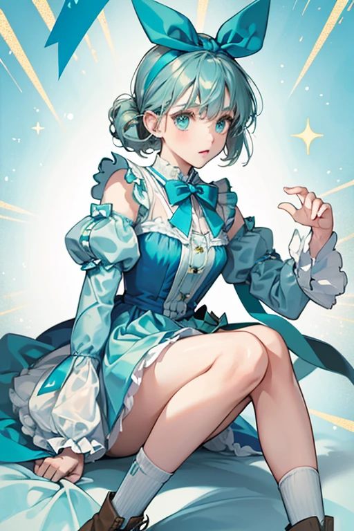 Her daytime clothes include a blue knee-length dress with short, puffy light blue sleeves and a dark blue-green trim, white camisole with a blue bow, beige knee-length pantalettes, dark blue-green striped socks, a light blue headband and brown ankle-length boots.  SPARKLE; GLITTER
