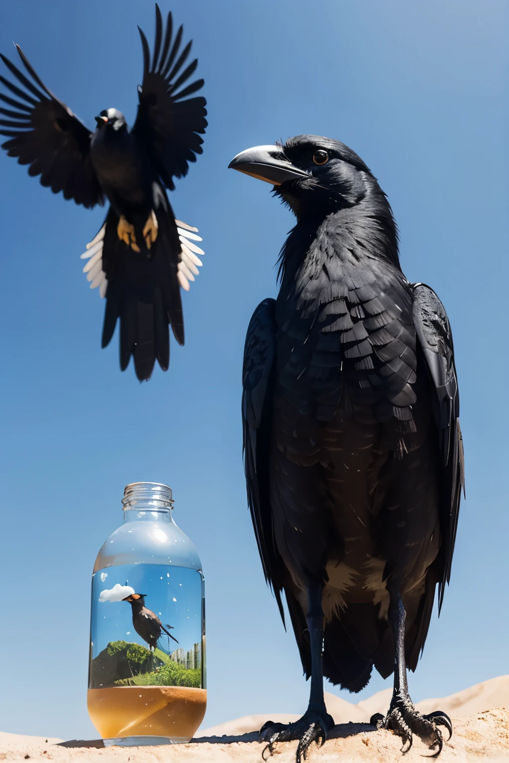 Cartoon Style,A healthy crow stands next to a bottle of water in the deserays "The Crow and the Bottle",The accompanying text briefly introduces the protagonist and the theme of the story,Disney Pixar Cartoon