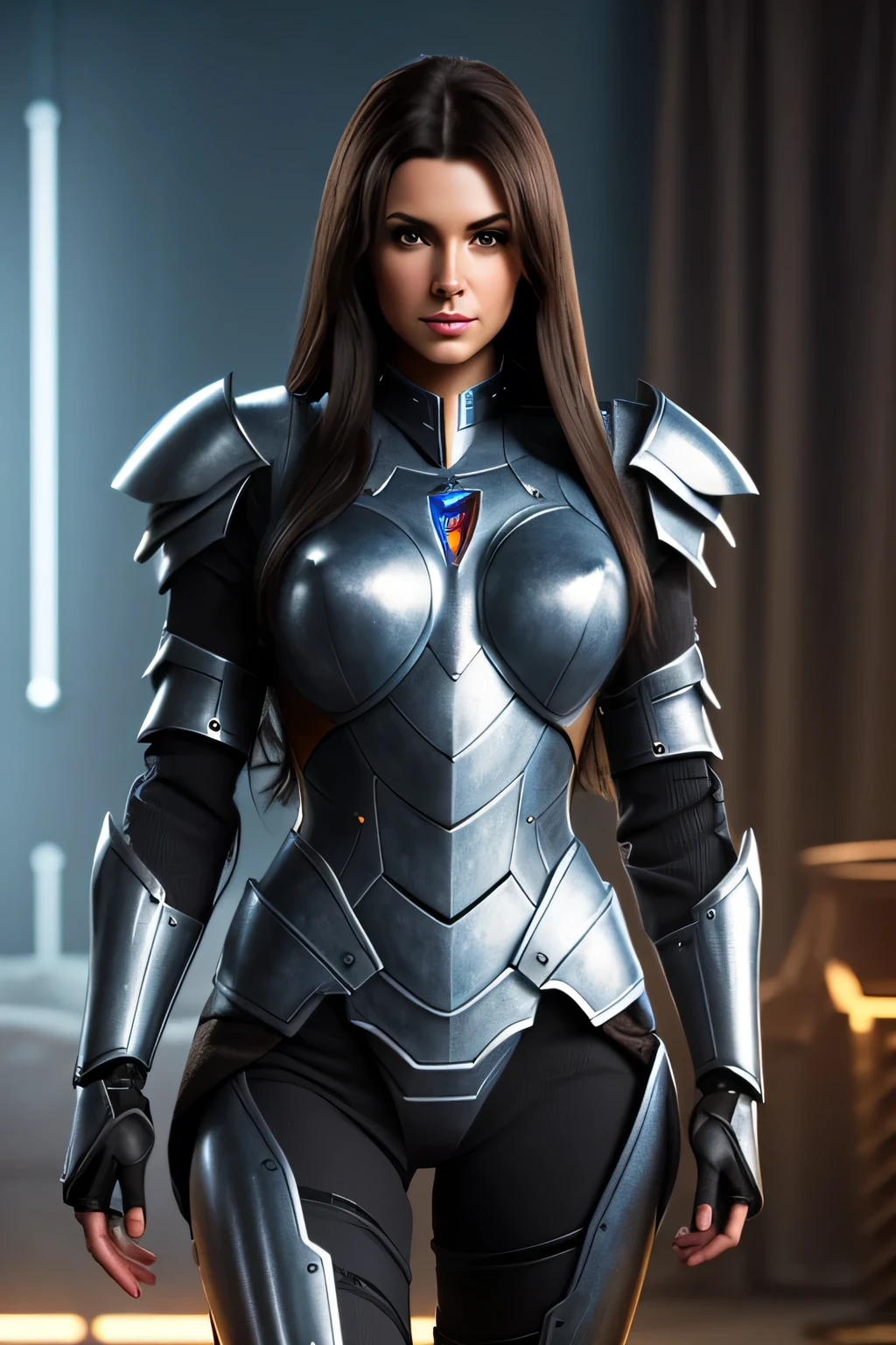 Tall beautiful woman with dark hair wearing highly realistic and detailed robotic armor