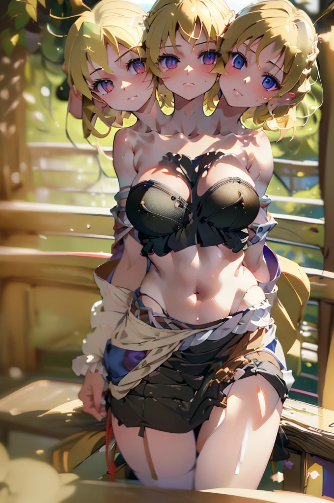 (masterpiece, best quality),best quality, (ultra-detailed), (3heads:1.5), 1girl, (mizuhashi parsee:1.3), masterpiece, best quality, ultra quality, ultra resolution, ultra detail, white top, crop top, ((stomach)), midriff, ((groin)), brown skirt, normal ears, shackles, blonde hair, very long hair, wavy hair, sidelocks, green eyes, detailed eyes, parted lips, open belly, sweat, cute, toned belly, hand on own chest, eyelashes, (25 year old woman:1.3), (masterpiece:1.5), (best quality:1.5), (beautiful detailed extremely detailed CG, extremely delicate and beautiful, depth of field, (finely detailed face), (perfect details:1.1), (mature female:1.3), wide pelvis, slender, large veiny breast, 16k resolution, highres, high quality, high definition, extremely detailed, masterpiece, best quality, blonde hair, long hair, alluring presence, braid, short skirt, close up, big tits, young, japanese clothes, medium hair,