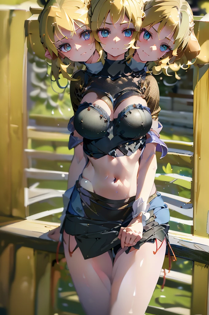 (masterpiece, best quality),best quality, (ultra-detailed), (3heads:1.5), 1girl, (mizuhashi parsee:1.3), masterpiece, best quality, ultra quality, ultra resolution, ultra detail, white top, crop top, ((stomach)), midriff, ((groin)), brown skirt, normal ears, shackles, blonde hair, very long hair, wavy hair, sidelocks, green eyes, detailed eyes, parted lips, open belly, sweat, cute, toned belly, hand on own chest, eyelashes, (25 year old woman:1.3), (masterpiece:1.5), (best quality:1.5), (beautiful detailed extremely detailed CG, extremely delicate and beautiful, depth of field, (finely detailed face), (perfect details:1.1), (mature female:1.3), wide pelvis, slender, large veiny breast, 16k resolution, highres, high quality, high definition, extremely detailed, masterpiece, best quality, blonde hair, long hair, alluring presence, braid, short skirt, close up, big tits, young, japanese clothes, medium hair,