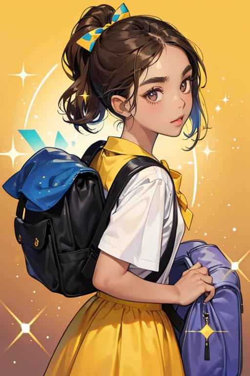 She has dark skin, brown eyes, brown hair, black and eyebrows
She wore a yellow short-sleeved shirt, a purple skirt, a blue ribbon tied into a bow in her hair at the back and had a cyan backpack. SPARKLE; GLITTER