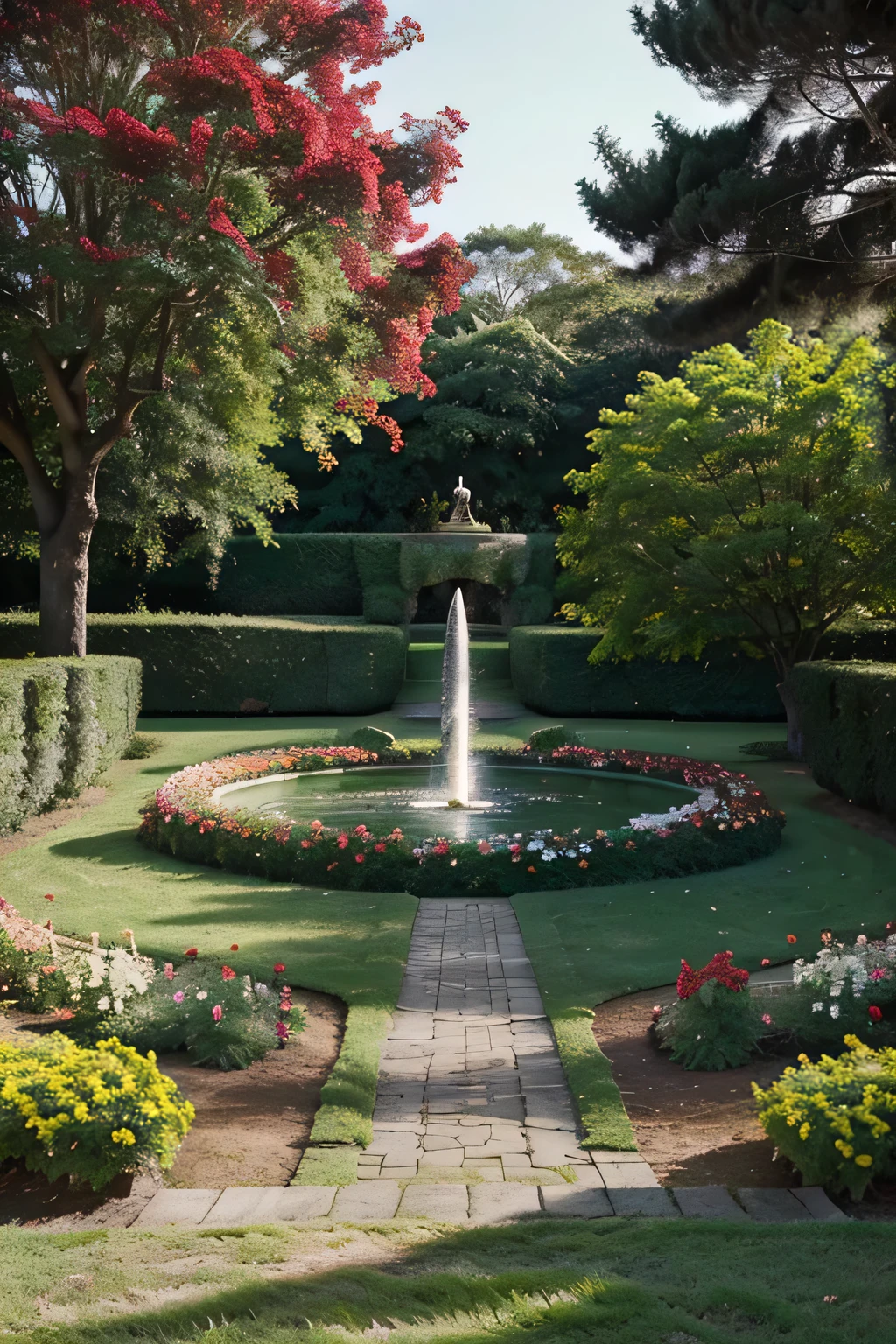 a very beautiful and large garden that is in full bloom with red, yellow and pink roses, com um pequeno lago no canto, uma pequena casa de madeira bem bonita casa de bosque arrumadinha