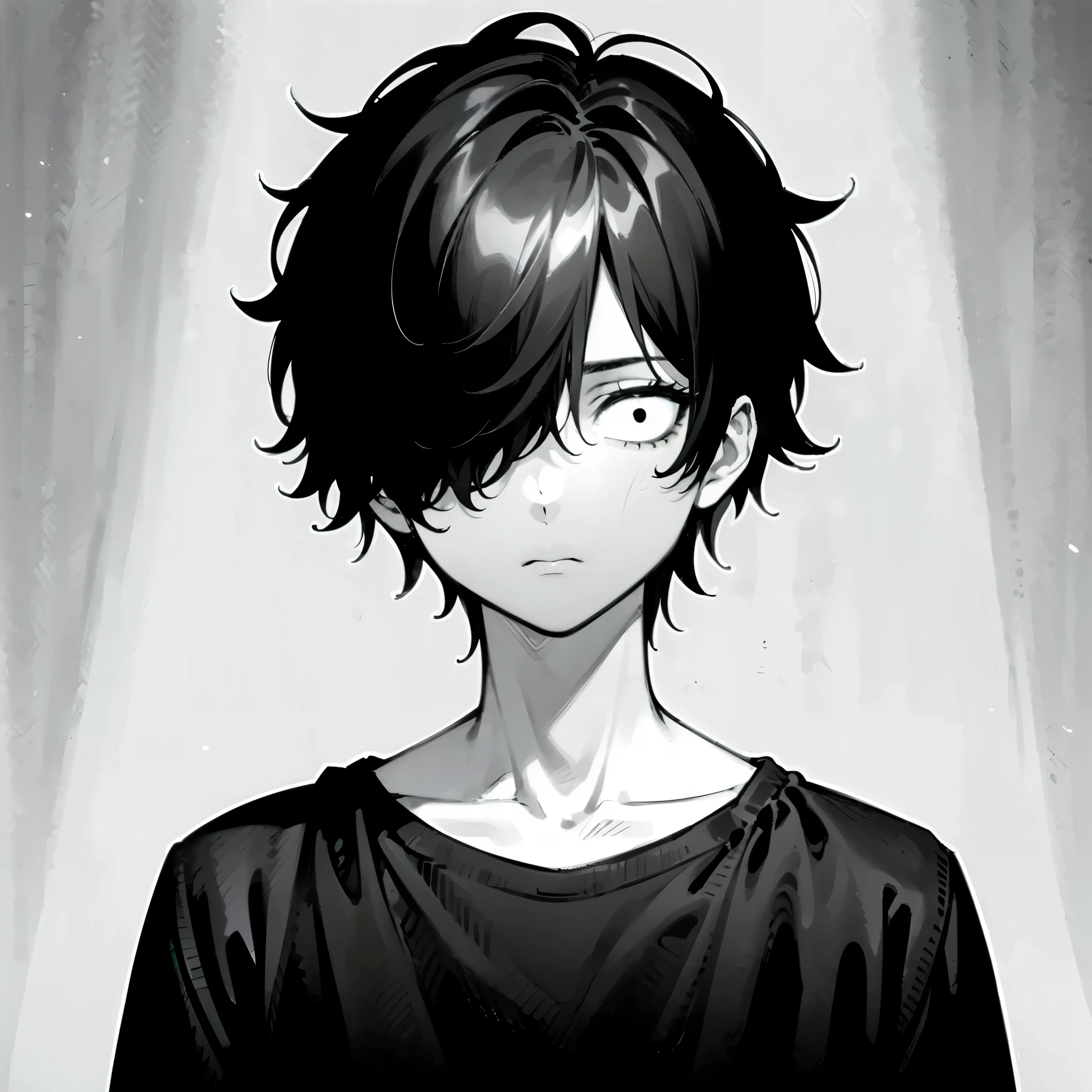 1boy, short messy black hair, hair over one eye, black eyes, black T-shirt, expressionless, depressive, gloom, ((monochromatic)), ((black and white)), ((solo)), ((best quality)), ((masterpiece)), portrait, looking at the camera, from the front, simple background, ((detailed)), ((perfect anatomy)), ((detailed art)), ((high definition)), ((4k)), ((high resolution))