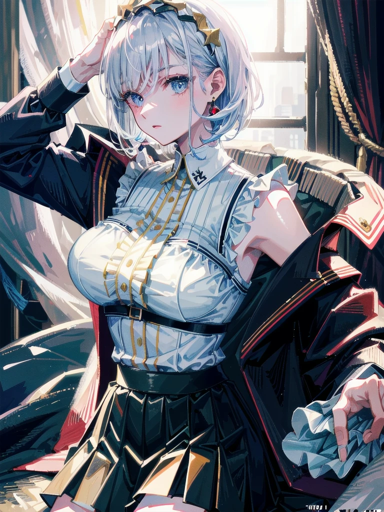 absurdres, RAW photo, extremely delicate and beautiful, masterpiece, Best Quality, ultra high resolution, 32k, hyperrealistic, ultra-detailed, detailed description, pale skin, 20 years old, tearful mole, earring, Colossal tits, short medium hair, wavy hair, Practical pirate clothing, Long-sleeved pirate top, Skirt,