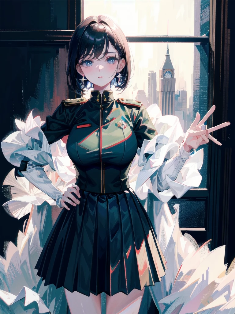 military uniform, absurdres, RAW photo, extremely delicate and beautiful, masterpiece, Best Quality, ultra high resolution, 32k, hyperrealistic, ultra-detailed, detailed description, pale skin, 20 years old, tearful mole, earring, Colossal tits, short medium hair, wavy hair, pleated skirt,