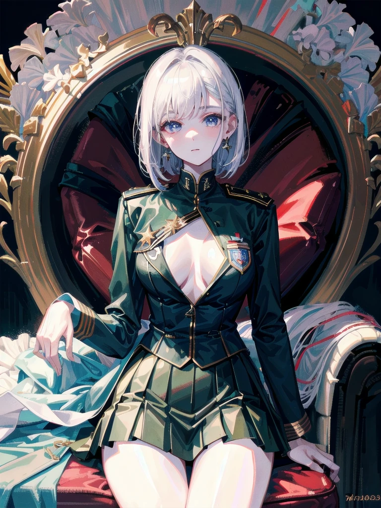 military uniform, absurdres, RAW photo, extremely delicate and beautiful, masterpiece, Best Quality, ultra high resolution, 32k, hyperrealistic, ultra-detailed, detailed description, pale skin, 20 years old, tearful mole, earring, Colossal tits, short medium hair, wavy hair, pleated skirt,