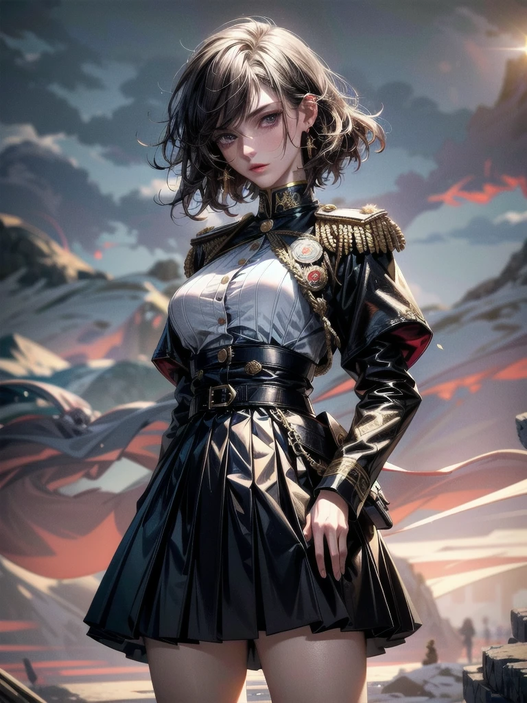 military uniform, absurdres, RAW photo, extremely delicate and beautiful, masterpiece, Best Quality, ultra high resolution, 32k, hyperrealistic, ultra-detailed, detailed description, pale skin, 20 years old, tearful mole, earring, Colossal tits, short medium hair, wavy hair, pleated skirt,
