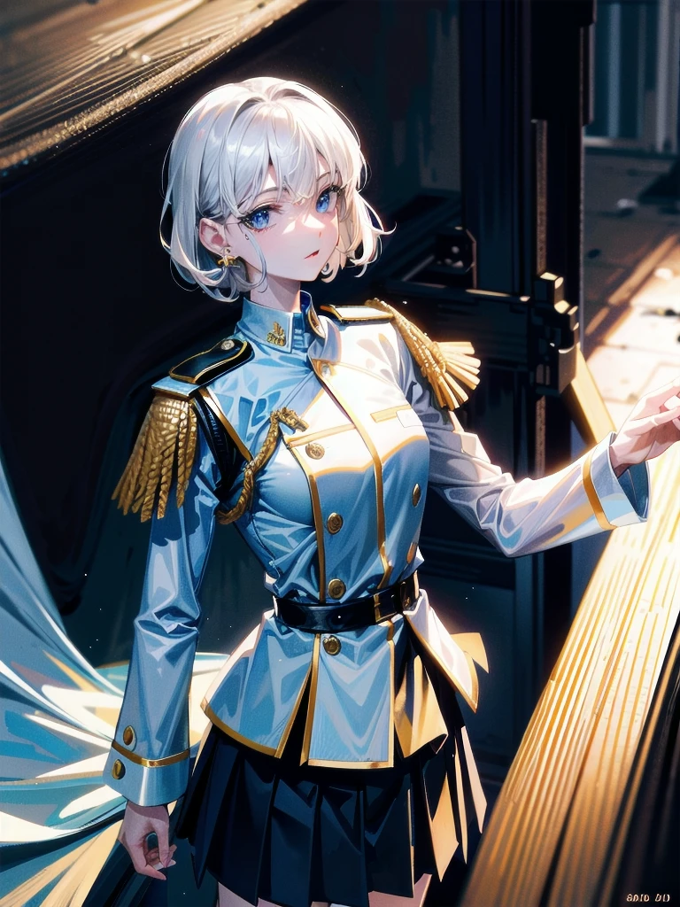 military uniform, absurdres, RAW photo, extremely delicate and beautiful, masterpiece, Best Quality, ultra high resolution, 32k, hyperrealistic, ultra-detailed, detailed description, pale skin, 20 years old, tearful mole, earring, Colossal tits, short medium hair, wavy hair, pleated skirt,
