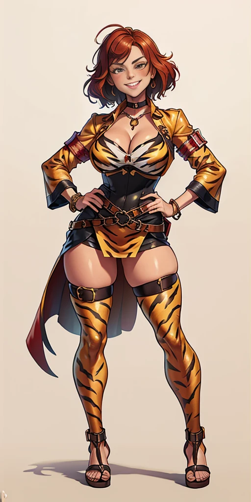 ((Masterpiece, plain background,1:2, masterpiece)) full body standing with separate yellow tiger print stockings thighs and sleeves, yellow tiger bikini print, hands on waist, navel, lustful smirking smiling, smile face (red blushed, red cheeks) armbands, black leather choker slave collar, metal sandals, big knockers, cleavage, separate sleeves, leather corset, hands on hips, shackles bracelets, slave red crest, loincloth standing, metal sandals, big belt, view from below, feet together, bracers, standing contrapposto straight symmetrical looking to viewer